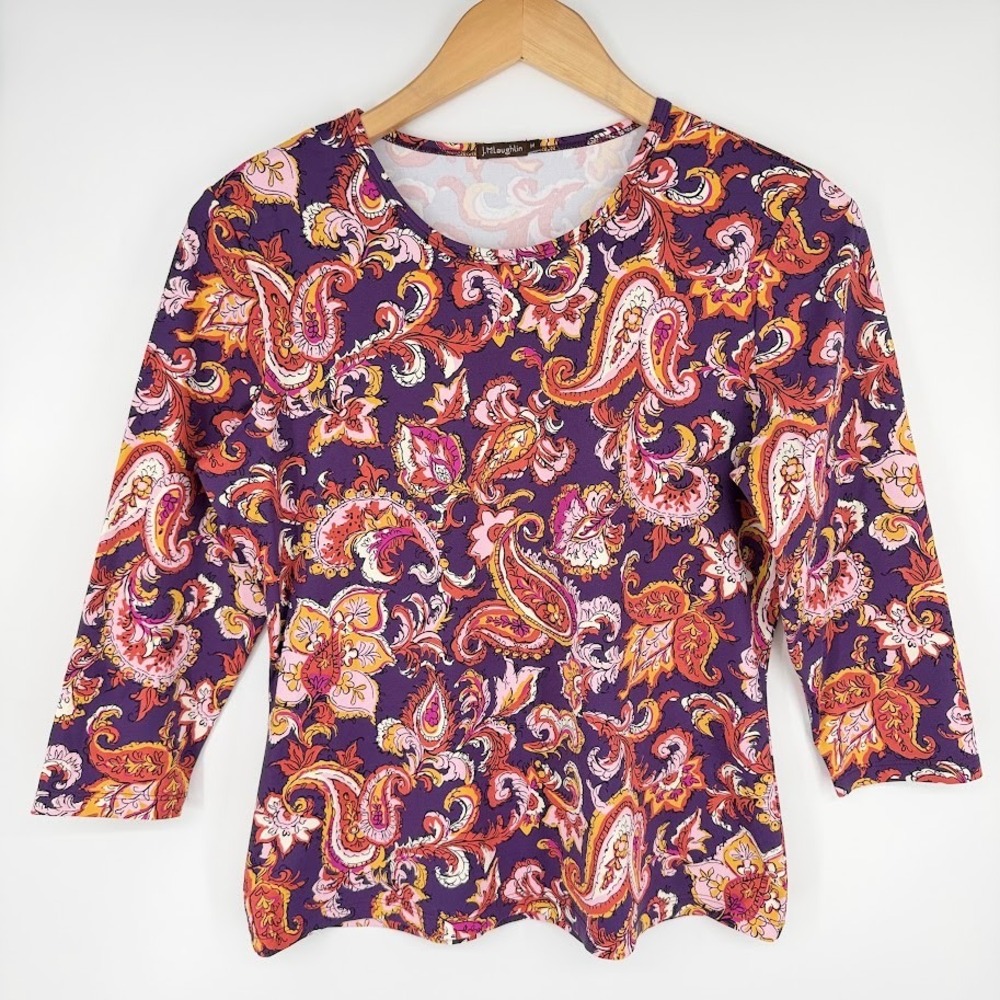 J.McLaughlin Signature Tee M Purple Paisley 3/4 Sleeve Stretch Catalina Cloth